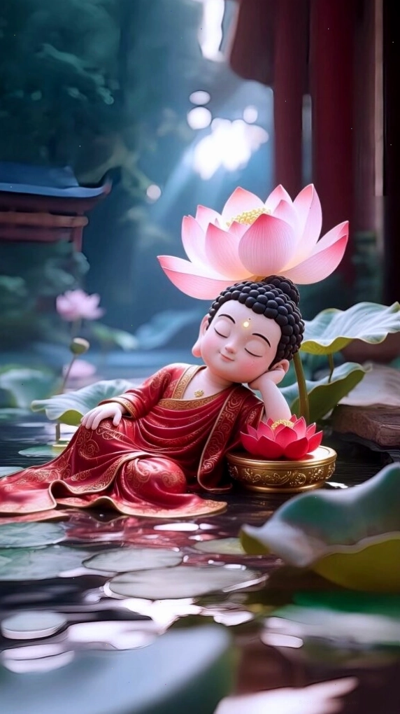 Hình nền điện thoại chú tiểu an nhiên được hoa sen nâng đỡ