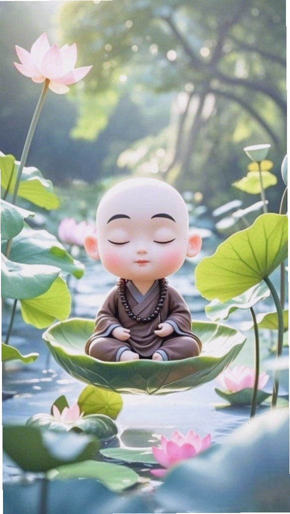 Hình nền điện thoại chú tiểu ngồi thiền giữa đầm sen