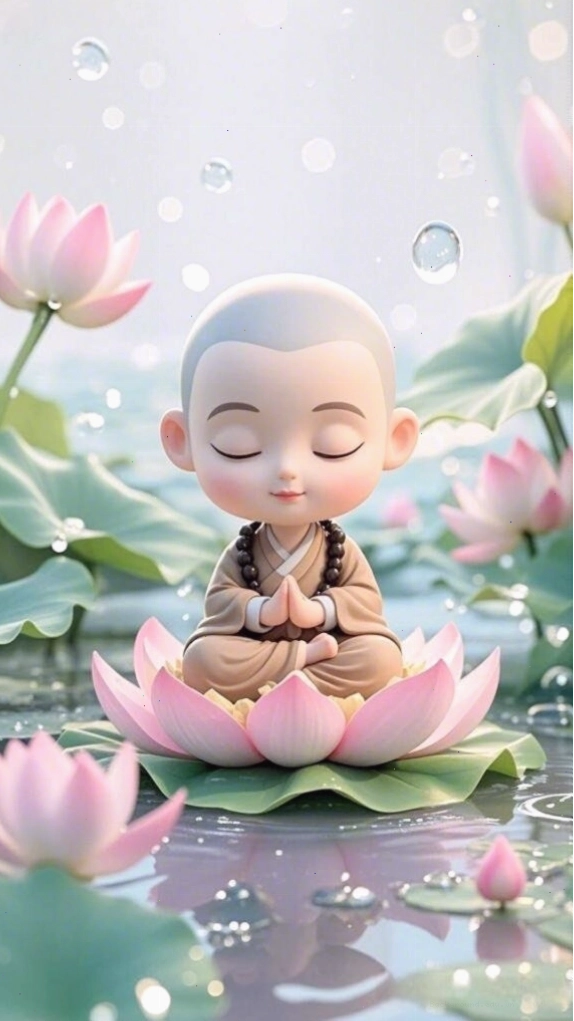 Hình nền điện thoại chú tiểu ôm hoa sen với vẻ mặt an lạc