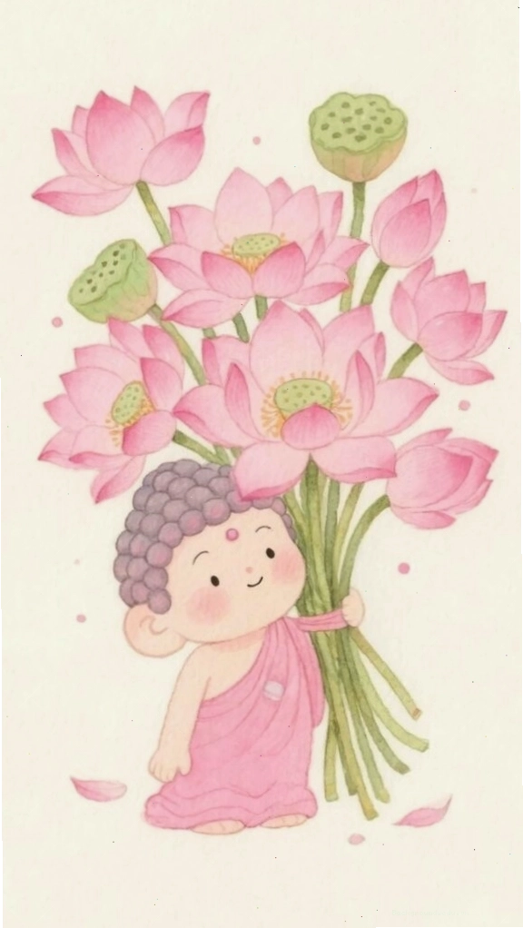 Hình nền điện thoại chú tiểu ôm phúc với sen tươi thắm