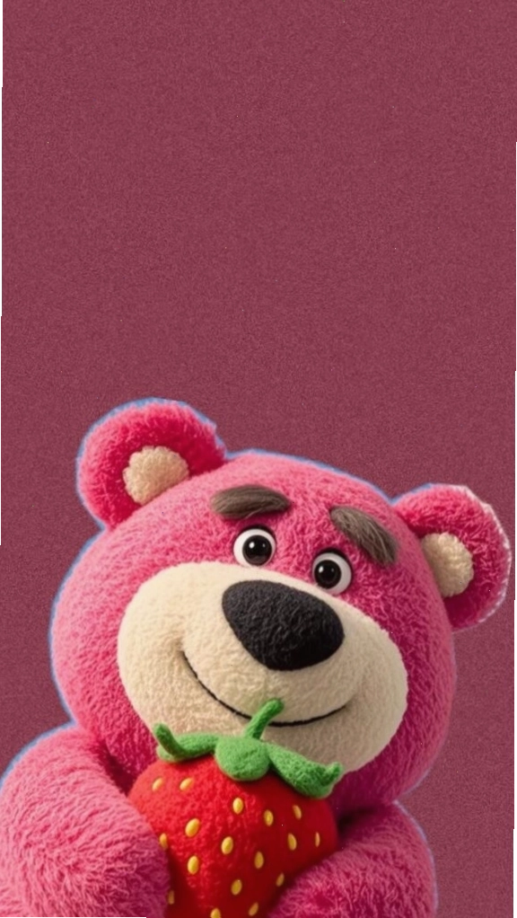 Hình nền gấu Lotso màu hồng đang ôm dâu tây rất đáng yêu