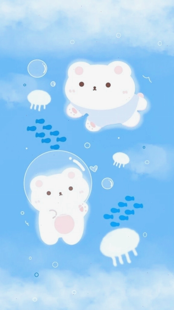 Hình nền gấu trắng ngồi bên cạnh bông hoa màu xanh dương