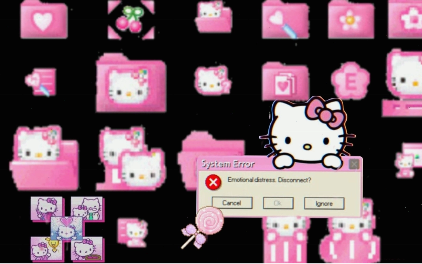 Hình nền Hello Kitty màu hồng độc đáo với thông báo lỗi hài hước
