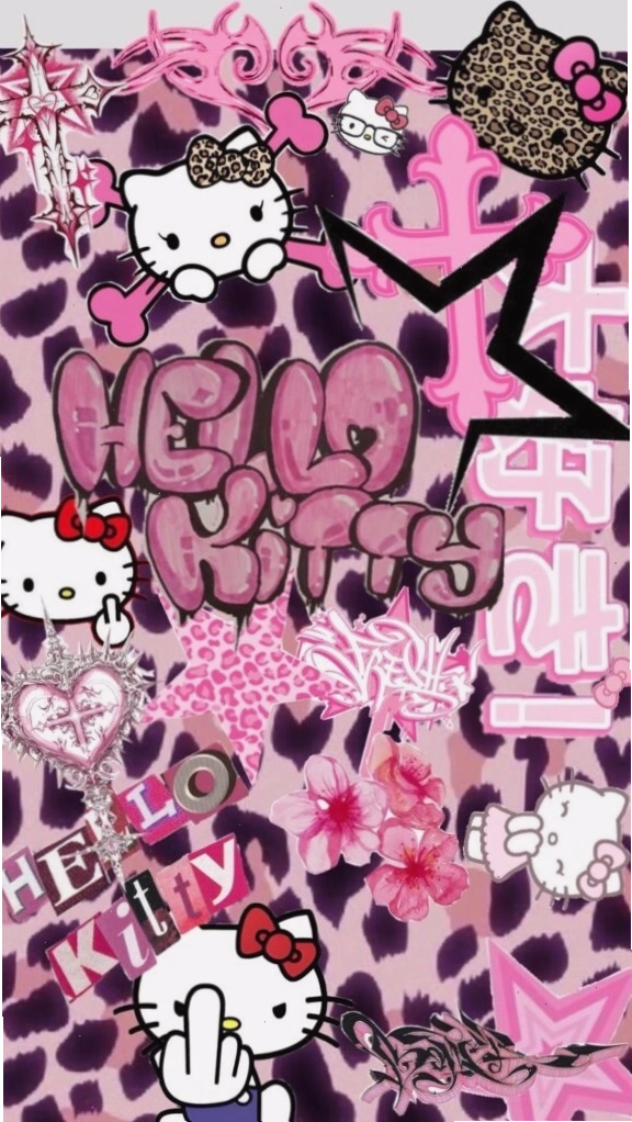 Hình nền Hello Kitty màu hồng Y2K với họa tiết da báo