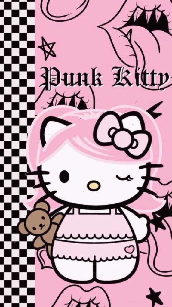 Hình nền Hello Kitty y2k màu hồng ôm gấu đáng yêu cho điện thoại