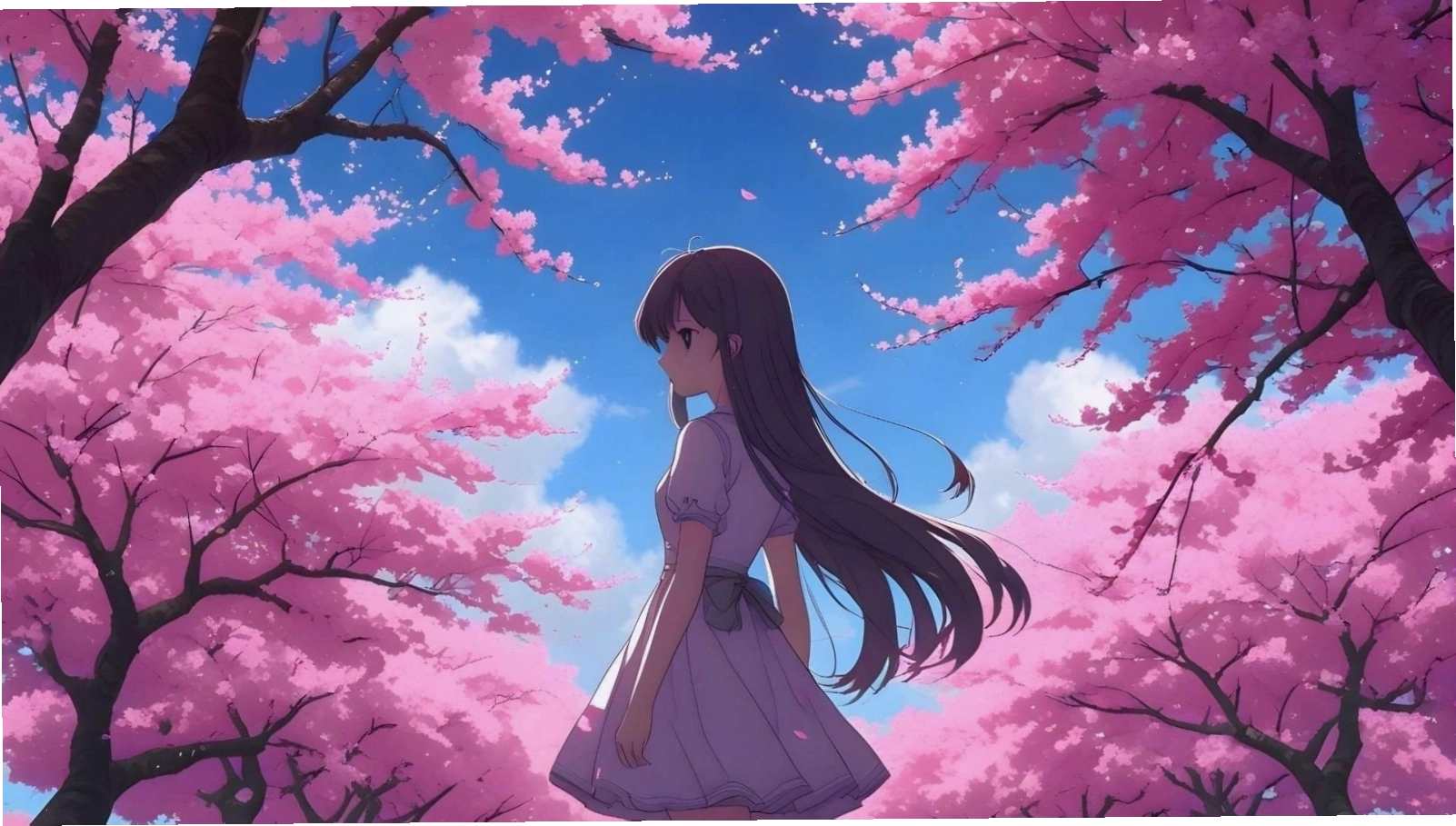 Hình nền hoa anh đào rơi phong cách anime miền núi
