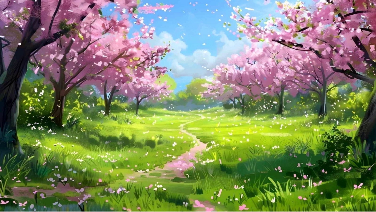 Hình nền hoa anh đào rơi trong khu rừng anime