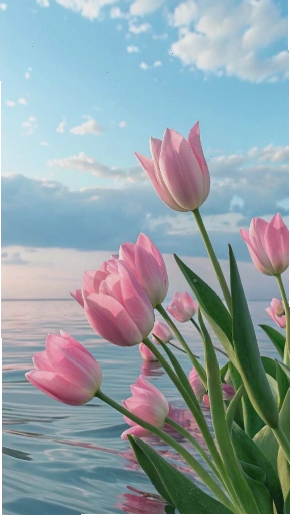 Hình nền hoa tulip dịu dàng bên trời nước