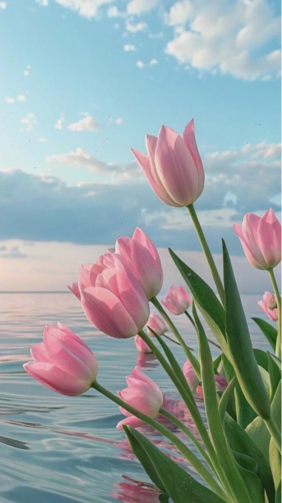 Hình nền hoa tulip dịu dàng bên trời nước cho máy tính