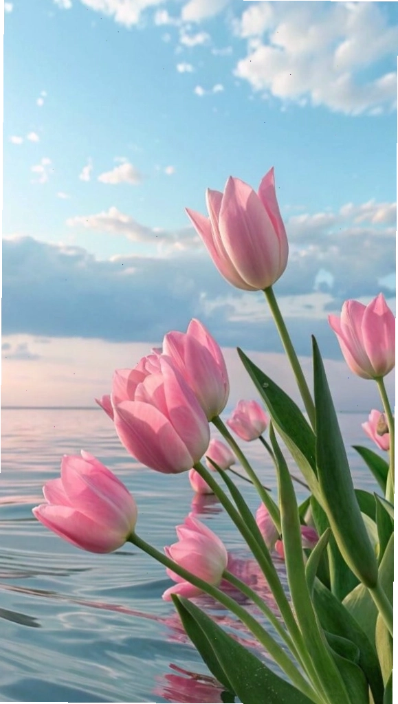 Hình nền hoa tulip dịu dàng bên trời nước, tạo cảm giác thanh bình