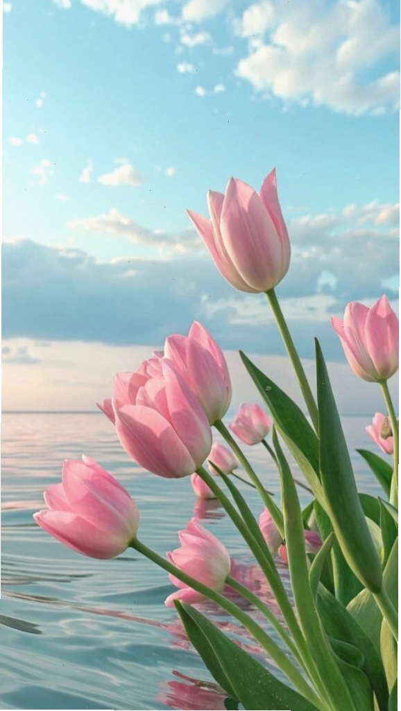 Hình nền hoa tulip màu hồng dịu dàng với những cánh hoa mềm mại