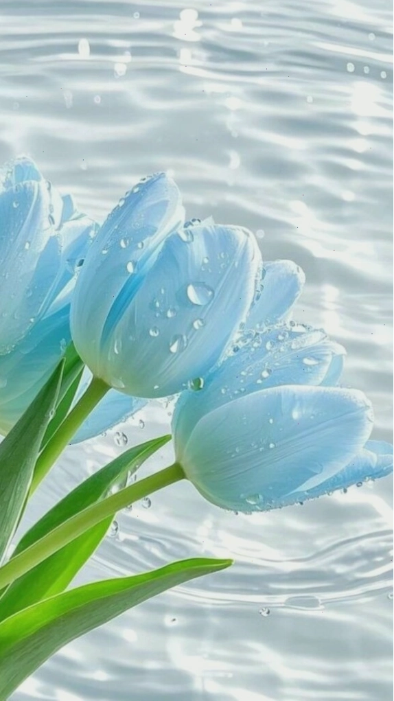 Hình nền hoa tulip xanh 3D dưới làn nước trong veo
