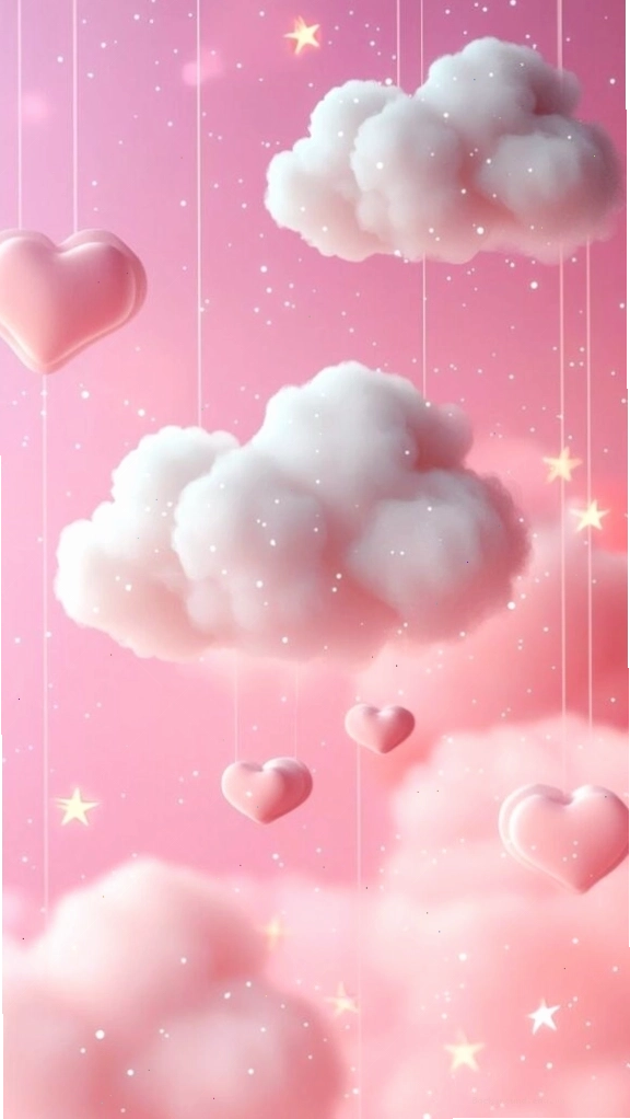 Hình nền màu hồng pastel trơn với mây hồng và mưa tim