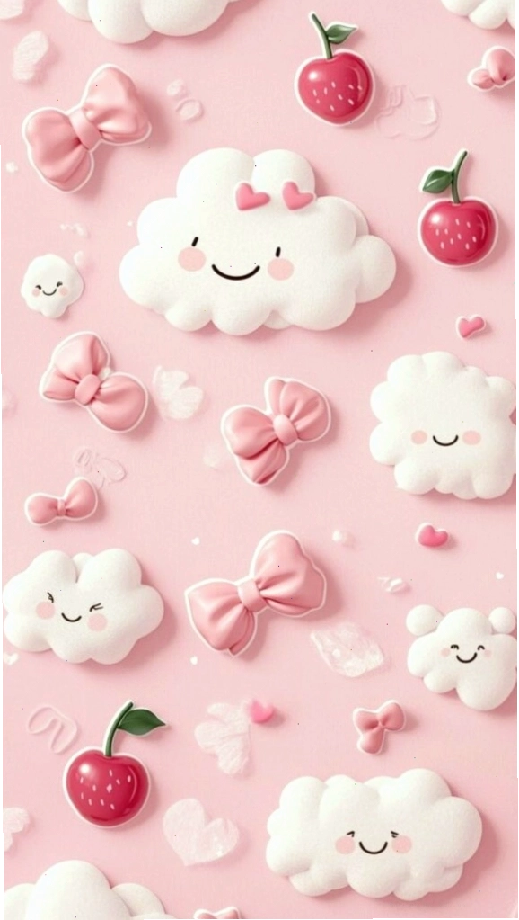 Hình nền màu hồng pastel trơn với nơ và mây