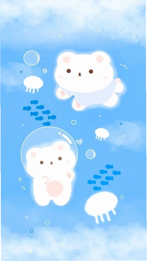 Hình nền màu xanh dương với chú gấu trắng dễ thương và nơ đỏ
