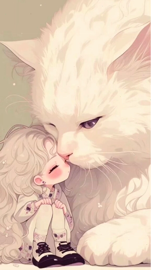 Hình nền mèo trắng bên cô bé