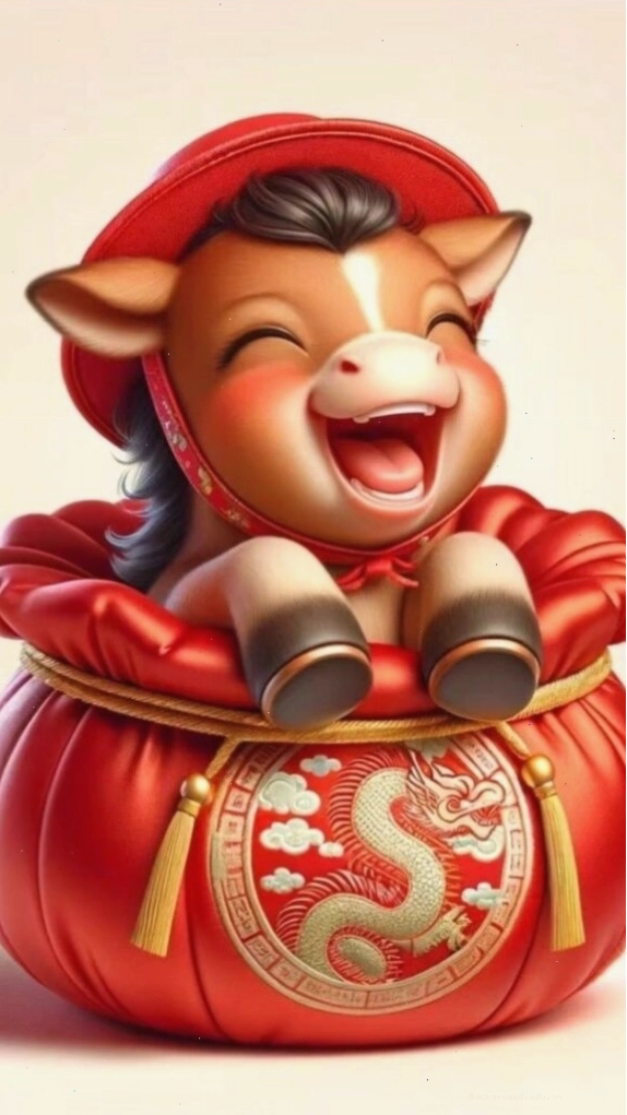 Hình nền Tết 2026 cute với tiểu Ngựa nằm trong túi lộc