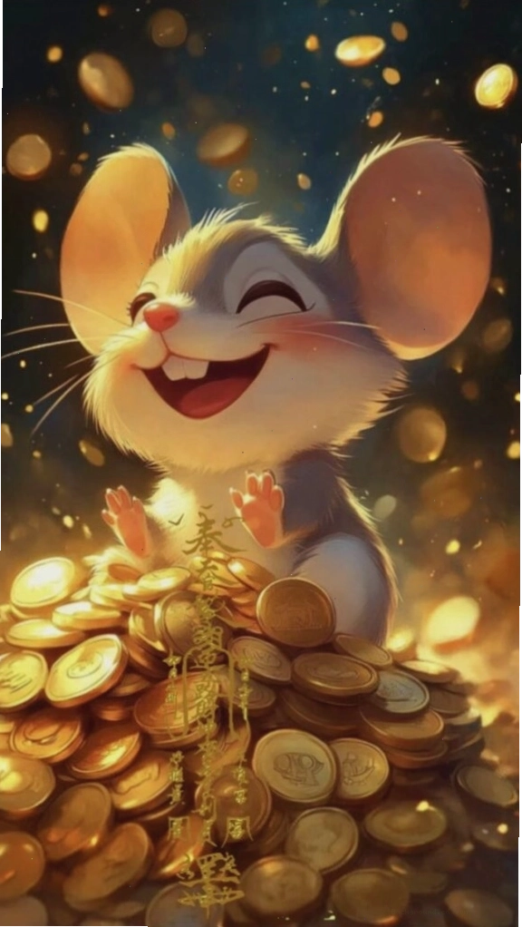 Hình nền tuổi thân chuột nhỏ cười rạng rỡ bên kho báu dễ thương