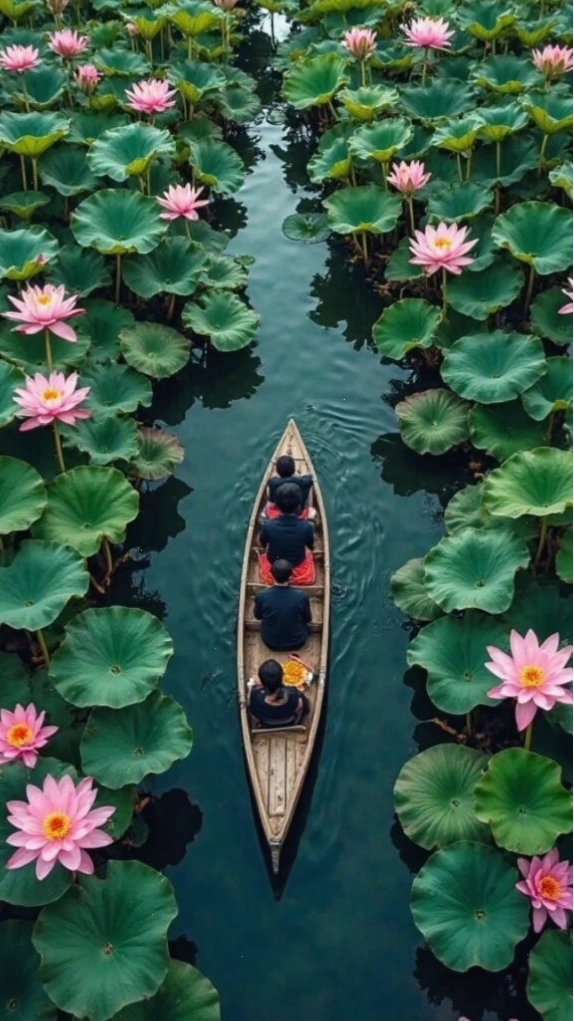 Hồ sen nở rộ với ánh sáng lung linh