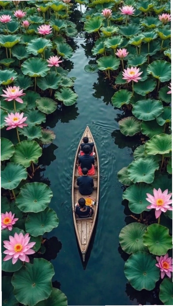 Hồ sen nở rực rỡ bên thuyền nhỏ, ảnh nền máy tính thơ mộng