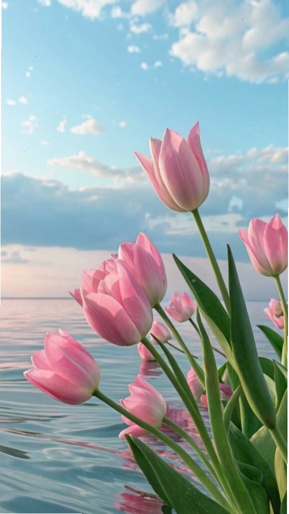 Hoa tulip dịu dàng bên trời nước xanh biếc