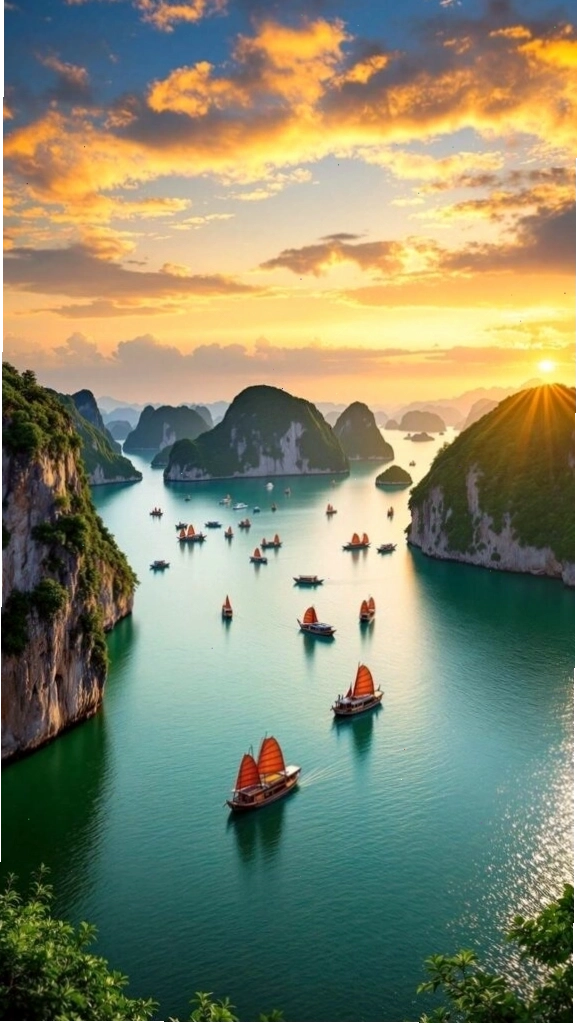 Hoàng hôn rực rỡ trên vịnh biển và núi đá