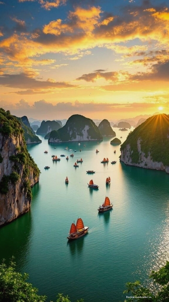 Hoàng hôn rực rỡ trên vịnh biển và núi đá, ảnh nền máy tính lãng mạn