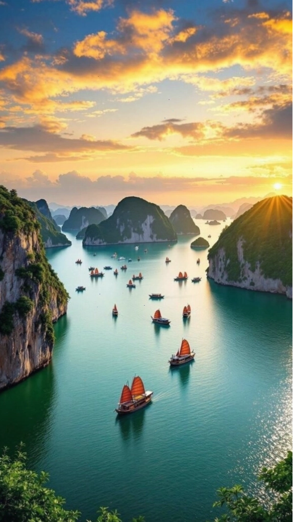 Hoàng hôn rực rỡ trên vịnh biển với ánh sáng lấp lánh