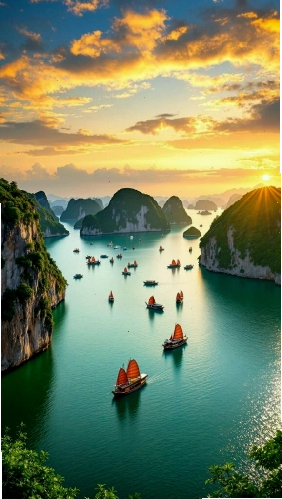 Hoàng hôn rực rỡ trên vịnh biển với những dãy núi đá