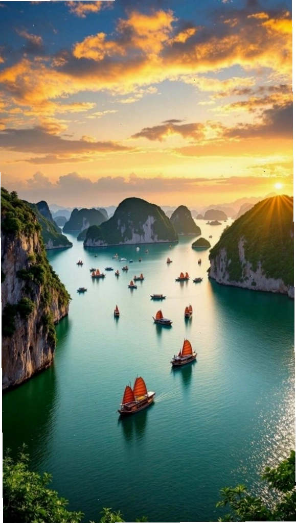 Hoàng hôn rực rỡ trên vịnh biển với những dãy núi đá nhấp nhô