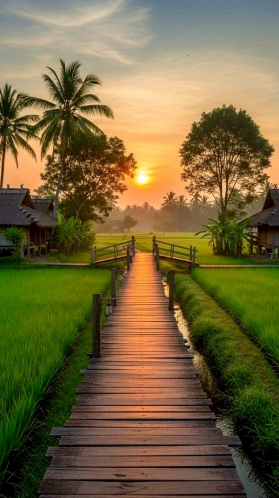 Lối gỗ nhỏ giữa cánh đồng xanh dưới ánh hoàng hôn