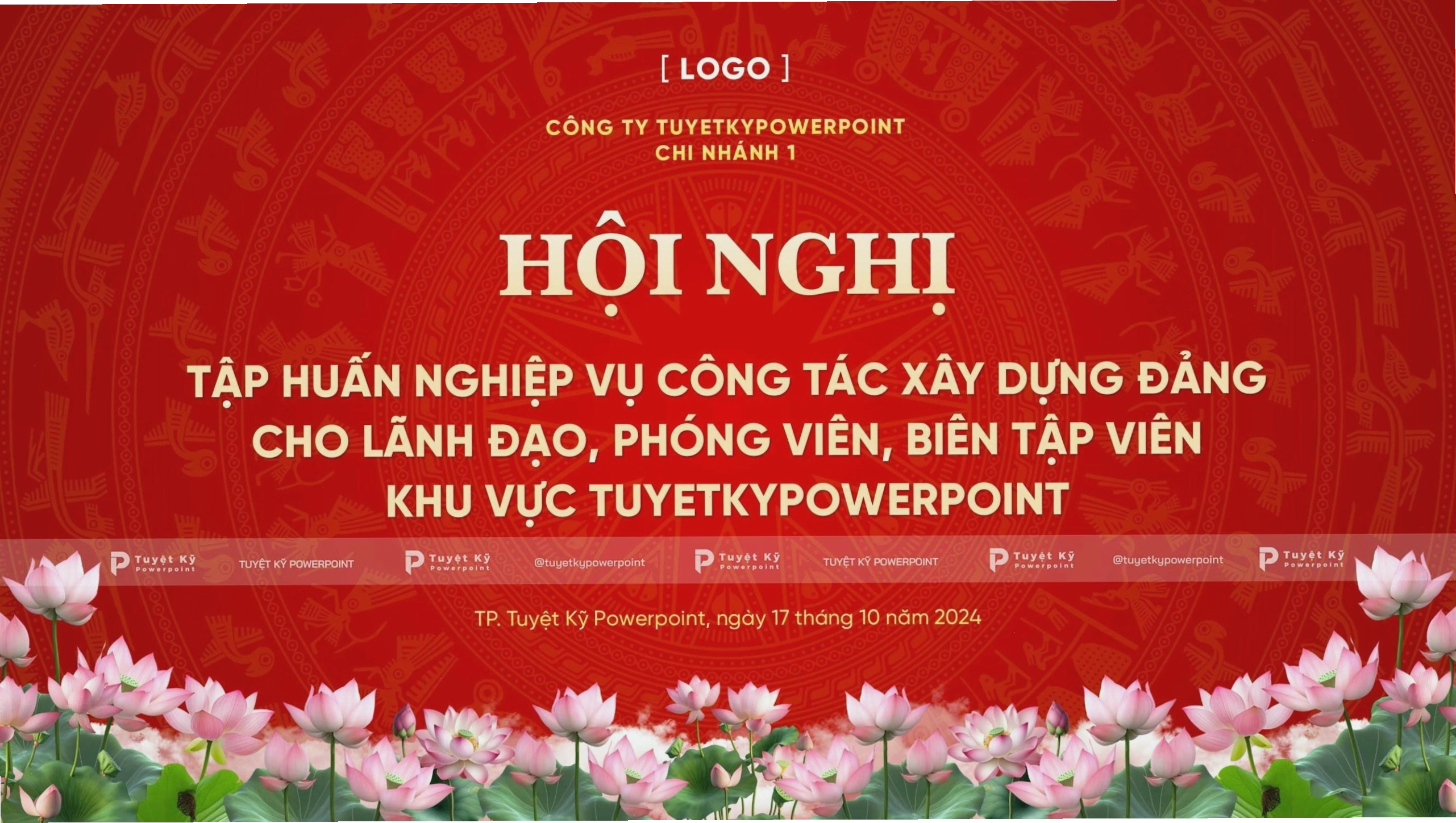 Mẫu backdrop hội nghị trống đồng hoa sen đỏ trang trọng