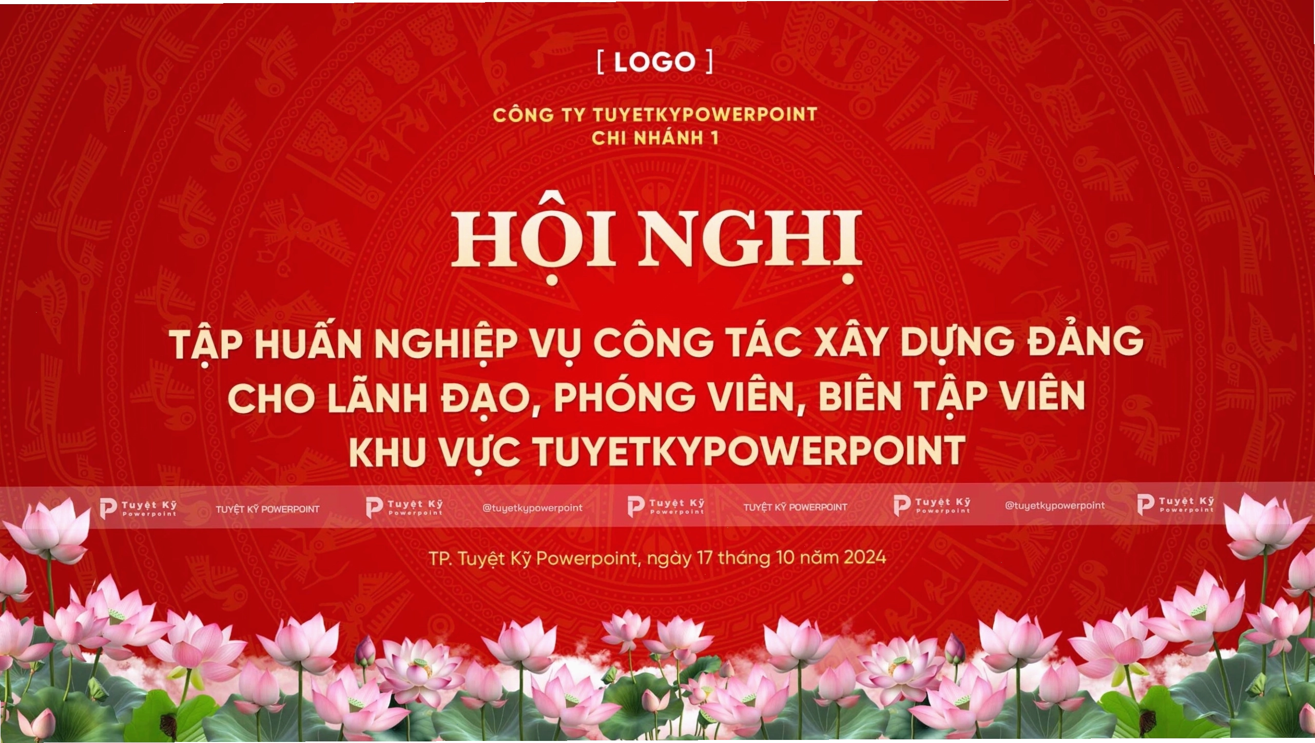 Mẫu backdrop hội nghị trống đồng hoa sen đỏ với thiết kế hiện đại
