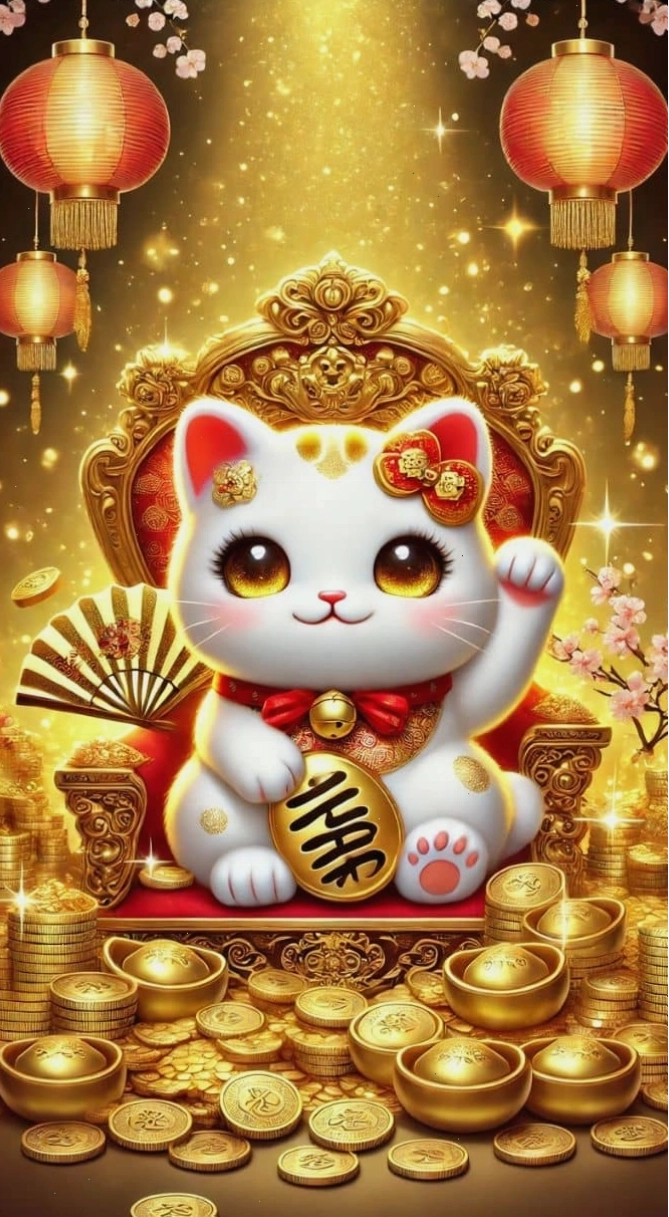 Mèo Thần Tài 3D dễ thương cầm quạt may mắn