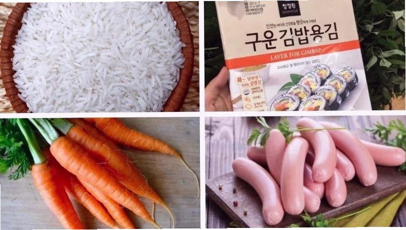 Nguyên liệu làm cơm cuộn kimbap tươi ngon đầy đủ màu sắc