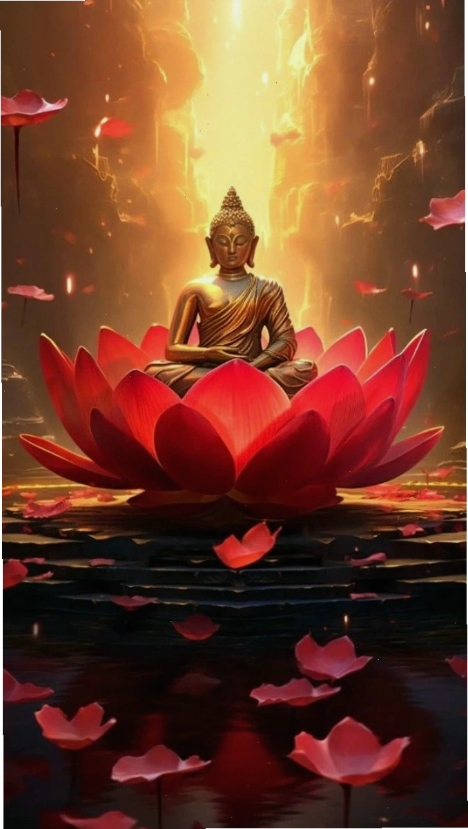 Phật thiền trong hoa sen đỏ