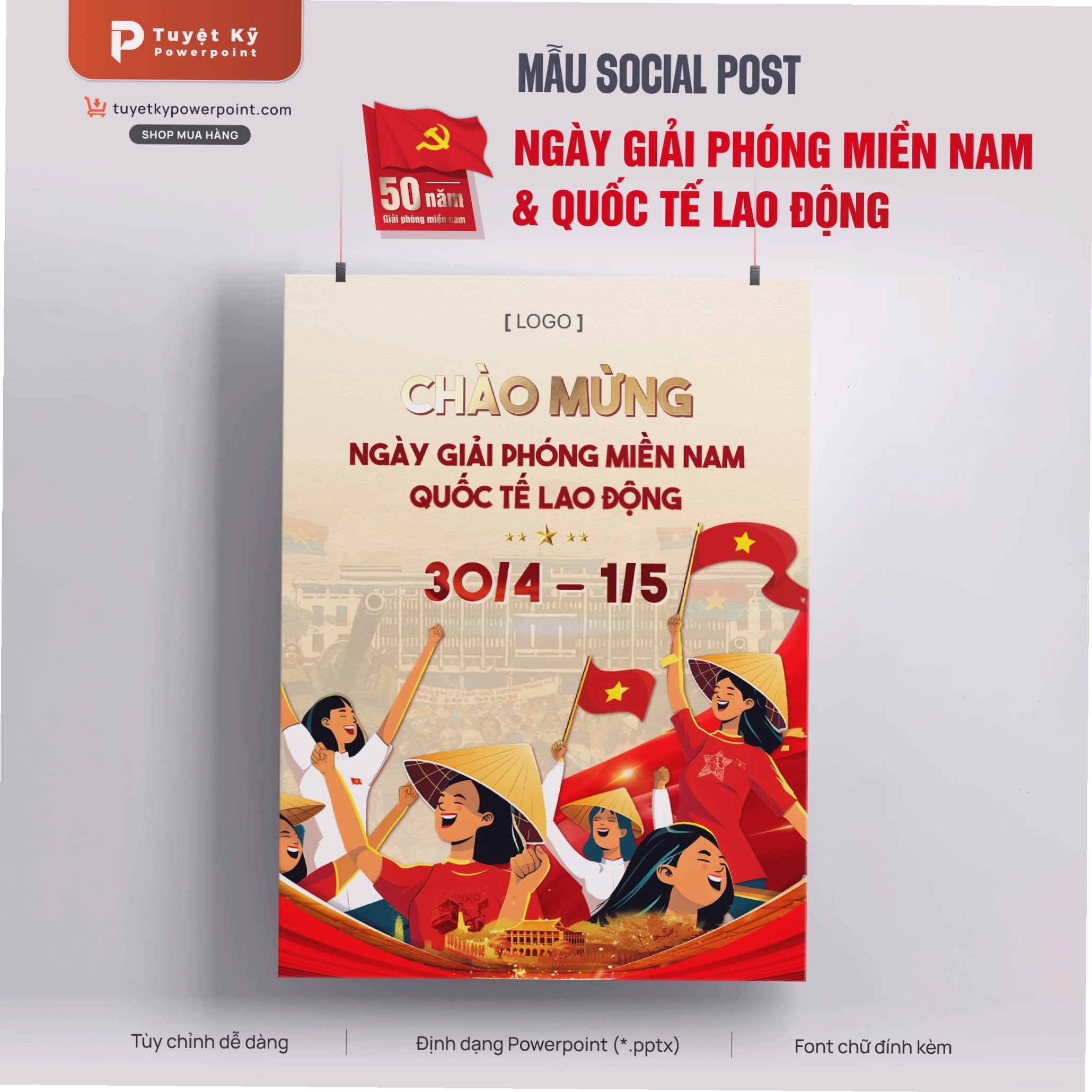 Poster chào mừng giải phóng miền nam với hoa sen và trống đồng