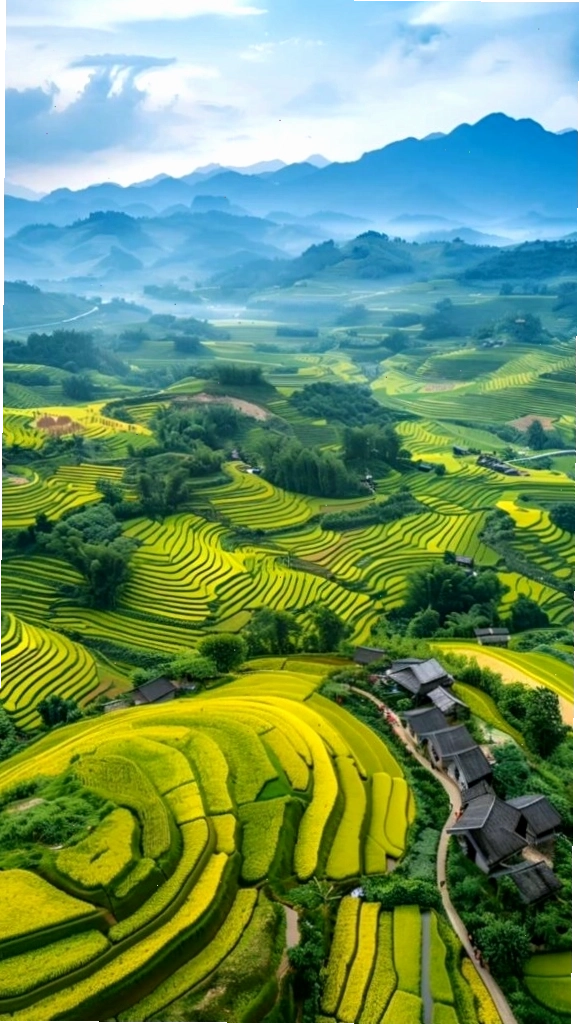 Ruộng bậc thang xanh mướt giữa núi rừng trùng điệp