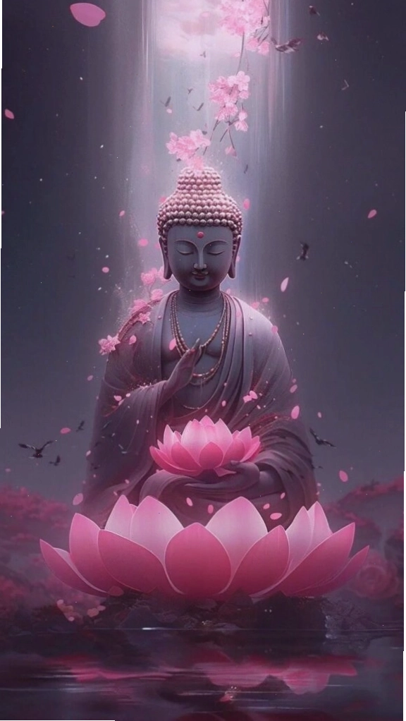 Sen hồng nâng đỡ Đức Phật trên nền đen