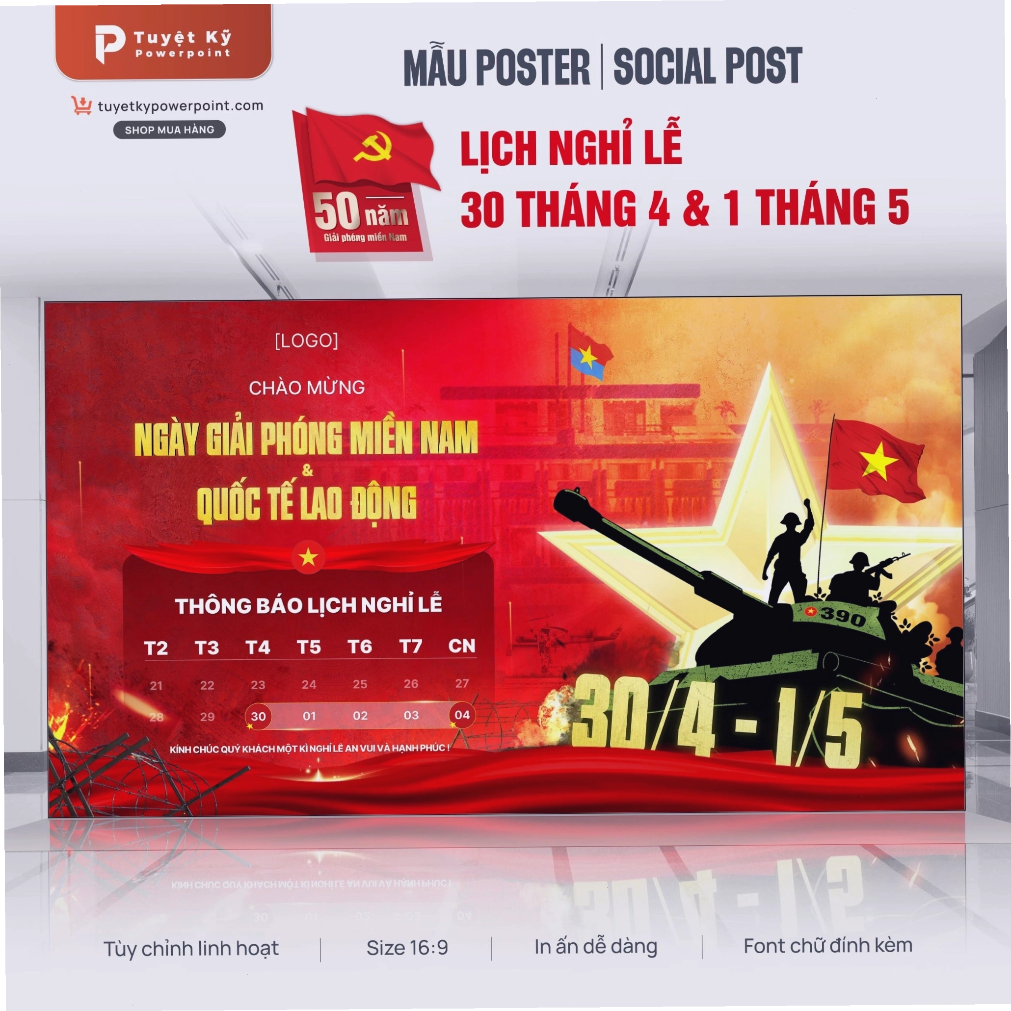 Social post thông báo nghỉ lễ 30/4 có chi tiết trống đồng