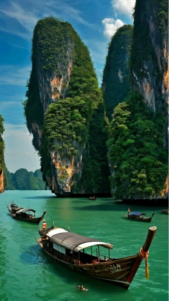 Thuyền gỗ neo đậu bên núi đá vôi giữa làn nước tĩnh lặng