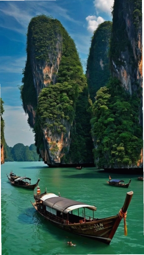 Thuyền gỗ nhỏ neo đậu bên núi đá vôi giữa làn nước trong xanh