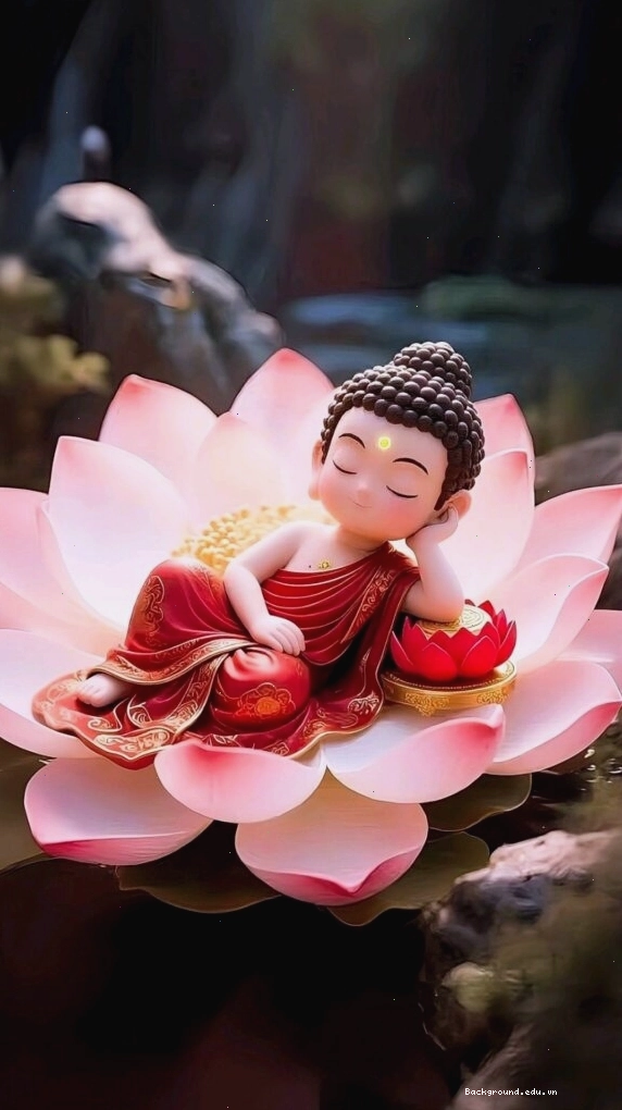 Tiểu hòa thượng ngủ say trên đóa sen trên nền đen