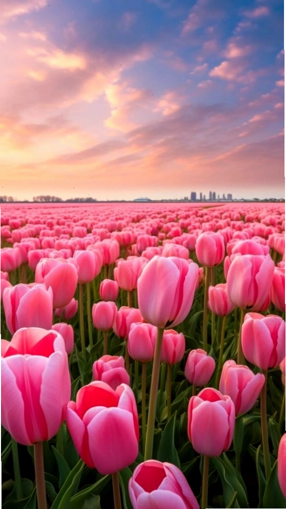 Toàn cảnh cánh đồng tulip hồng rực rỡ lúc hoàng hôn