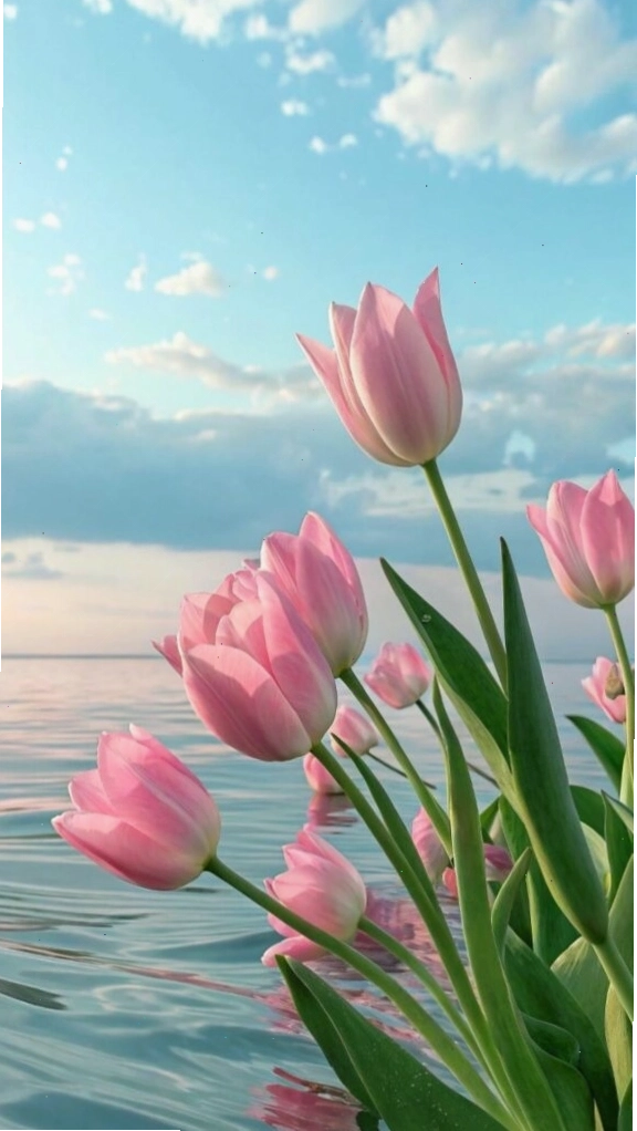 Tulip dịu dàng bên bờ nước trong xanh