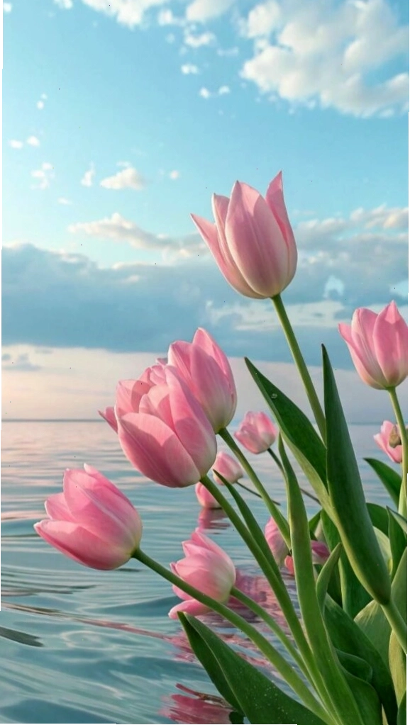 Tulip dịu dàng bên trời nước làm hình nền