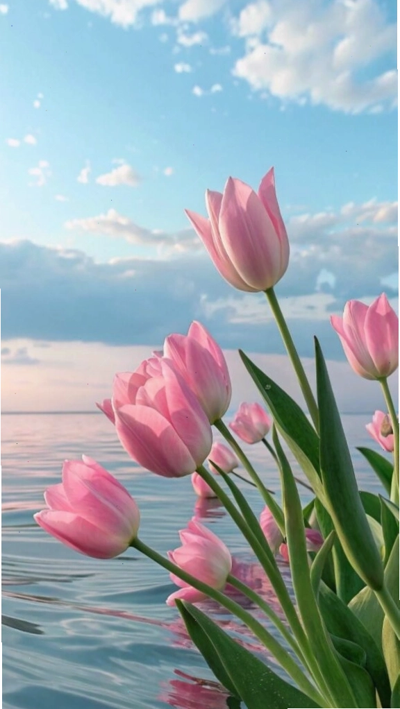 Tulip dịu dàng bên trời nước xanh biếc