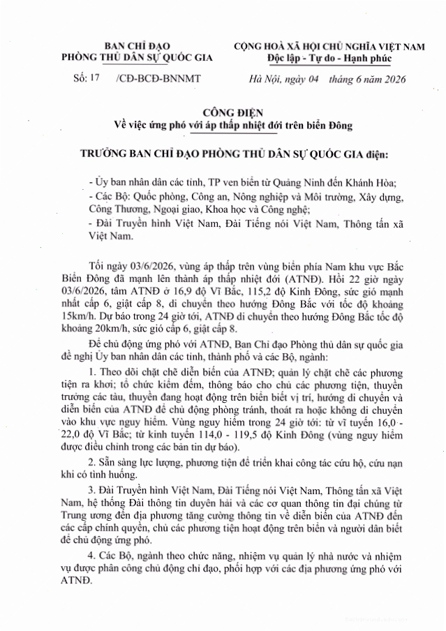 Văn bản chỉ đạo hỏa tốc về công tác phòng chống áp thấp nhiệt đới và mưa lũ