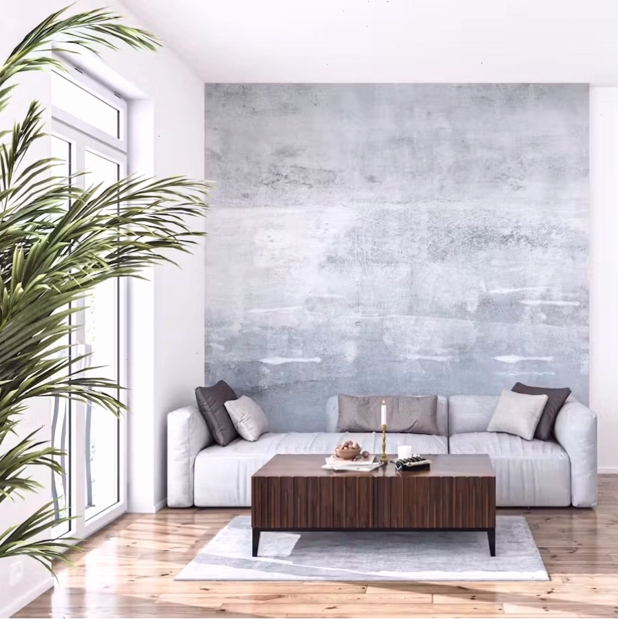 Industrial concrete effect wallpaper for urban loft combined with wood