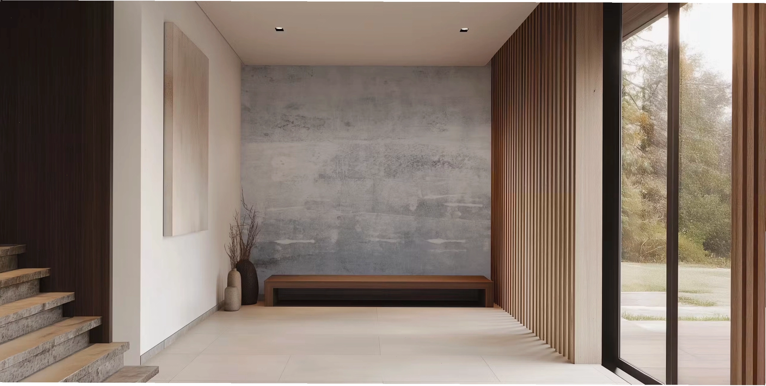 Light grey concrete look wallpaper in a room apartment